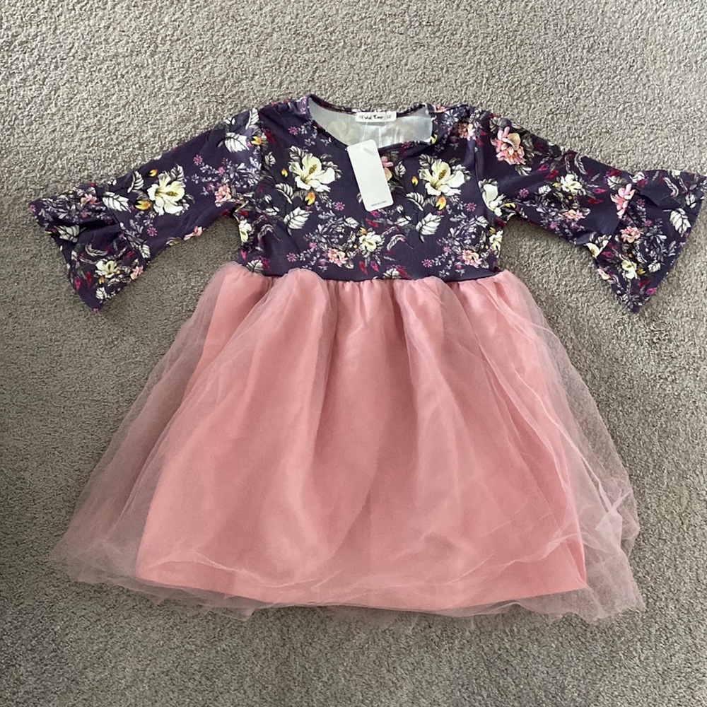 NWT purple floral print and pink tulle bottom girls dress, size 12.